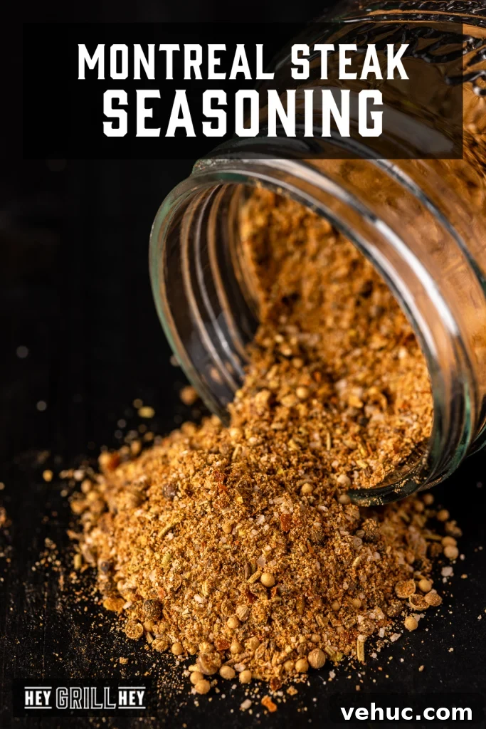 Montreal Steak Seasoning: How to Make and Use It for Perfect Steaks 2 Montreal steak seasoning pouring out of a glass bottle with text overlay - Montreal Steak Seasoning.