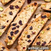 Cranberry Almond Biscotti Recipe for Crunchy Coffee Cookies 13 slices of individual biscotti with cranberries on a brown baking paper.