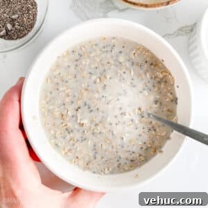 Creamy Cottage Cheese Overnight Oats Recipe for Breakfast 10 Oats mixed with cottage cheese and milk in a bowl, ready to soak overnight