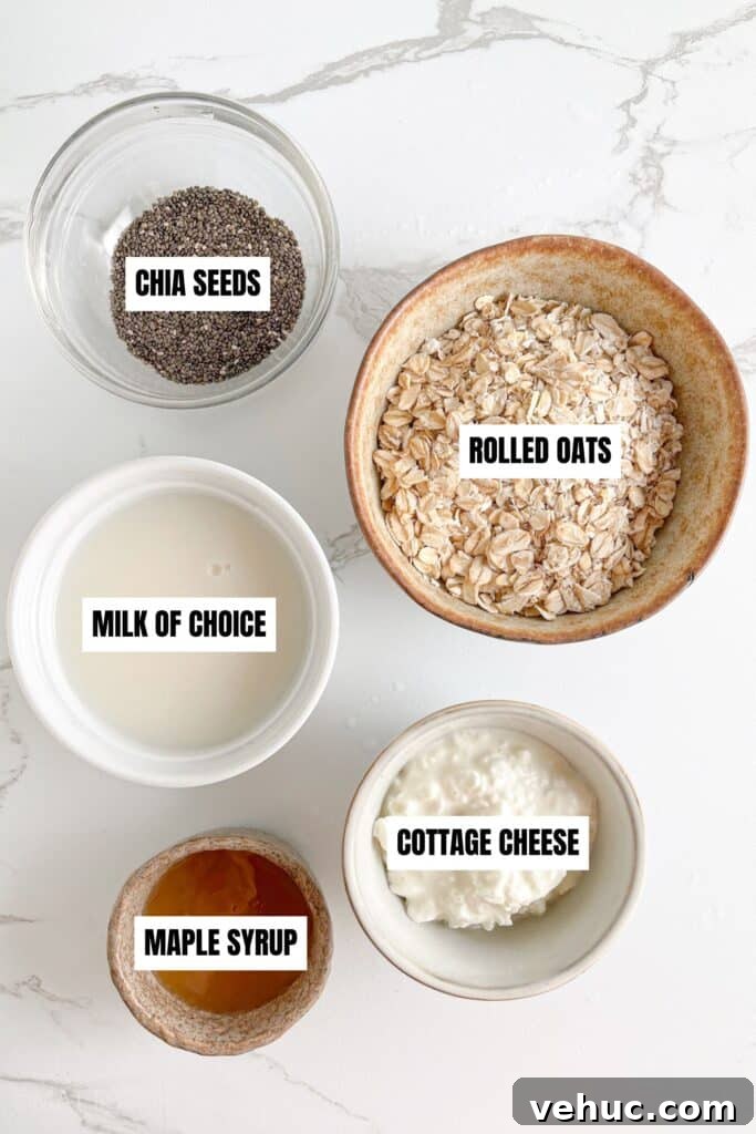 Creamy Cottage Cheese Overnight Oats Recipe for Breakfast 3 Cottage cheese overnight oats ingredients – old fashioned rolled oats, cottage cheese, chia seeds, milk of choice, maple syrup