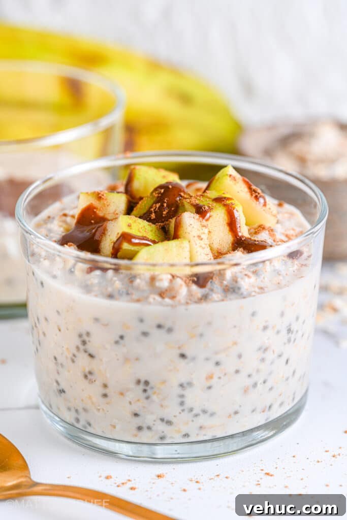 Creamy Cottage Cheese Overnight Oats Recipe for Breakfast 6 Close up of cottage cheese overnight oats with diced apple, almond butter and sprinkle of cinnamon