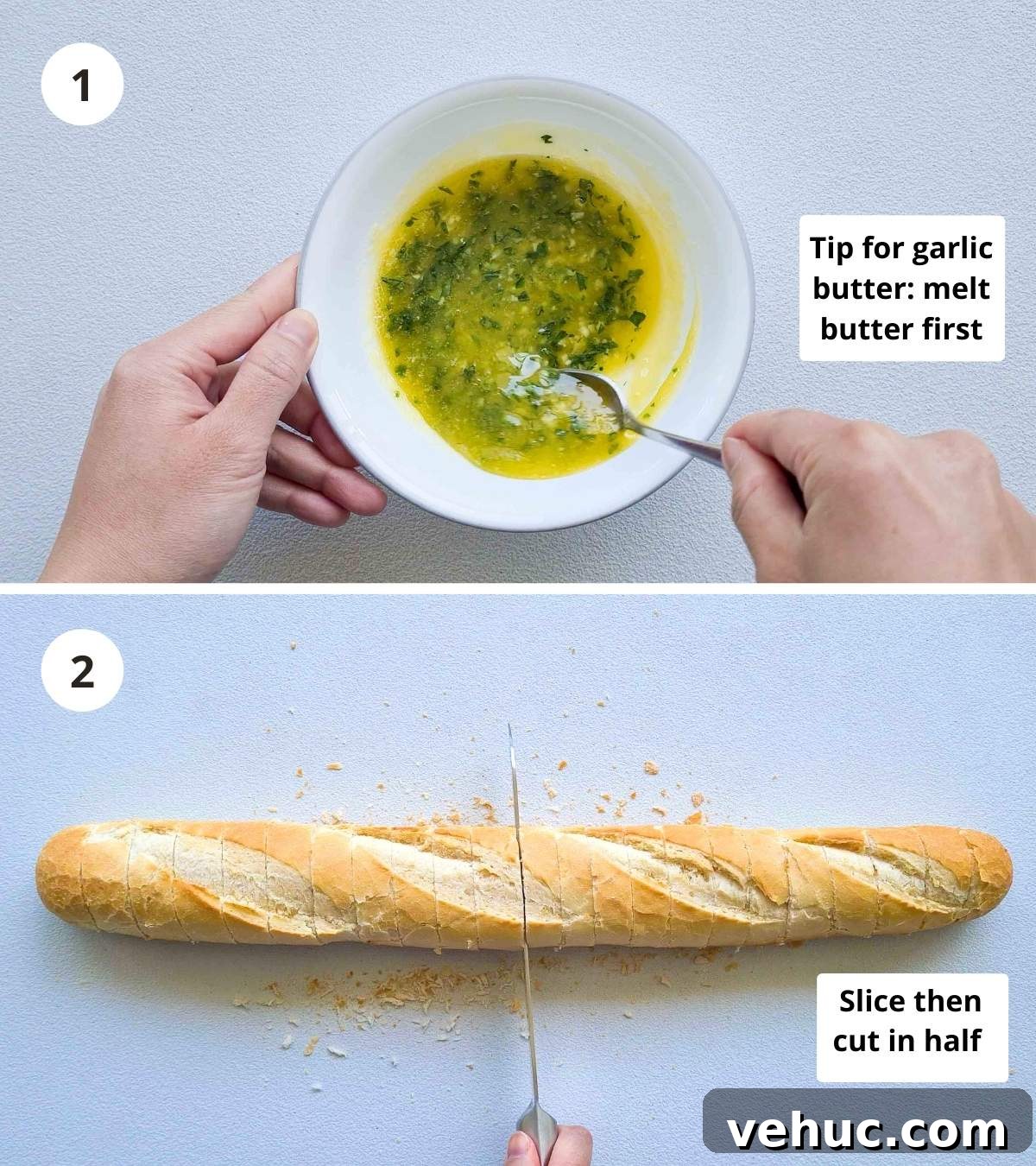 Irresistible Cheesy Garlic Bread Recipe for Perfect Crispy Loaves 4 2 step collage of how to make a cheese stuffed garlic bread from start to finish part 1