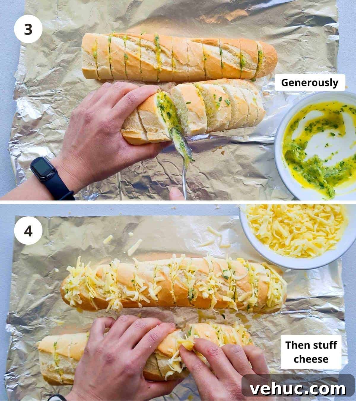 Irresistible Cheesy Garlic Bread Recipe for Perfect Crispy Loaves 5 2 step collage of how to make a cheese stuffed garlic bread from start to finish part 2