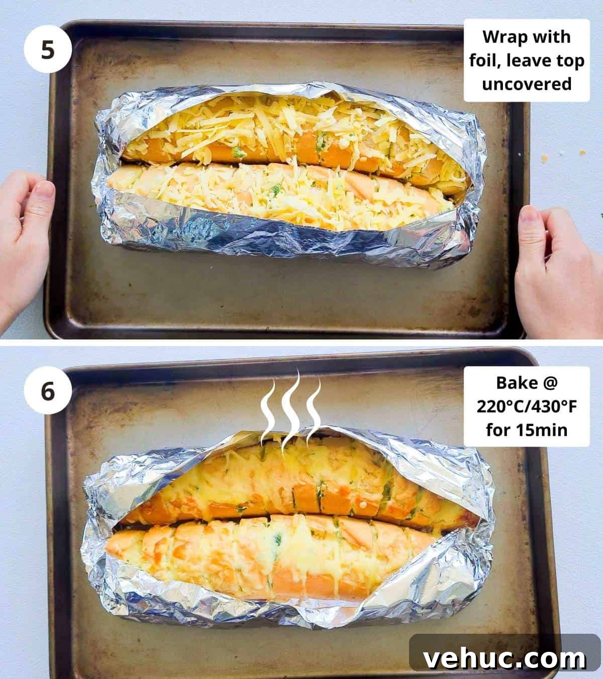 Irresistible Cheesy Garlic Bread Recipe for Perfect Crispy Loaves 6 2 step collage of how to make a cheese stuffed garlic bread from start to finish part 3