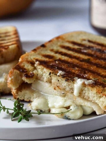 Gorgonzola grilled cheese cut in half on a white plate.