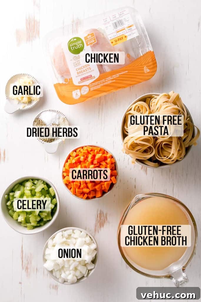 Gluten-Free Chicken Noodle Soup Recipe for Comforting Flavor 3 Ingredients for gluten free chicken noodle soup measured out in bowls.
