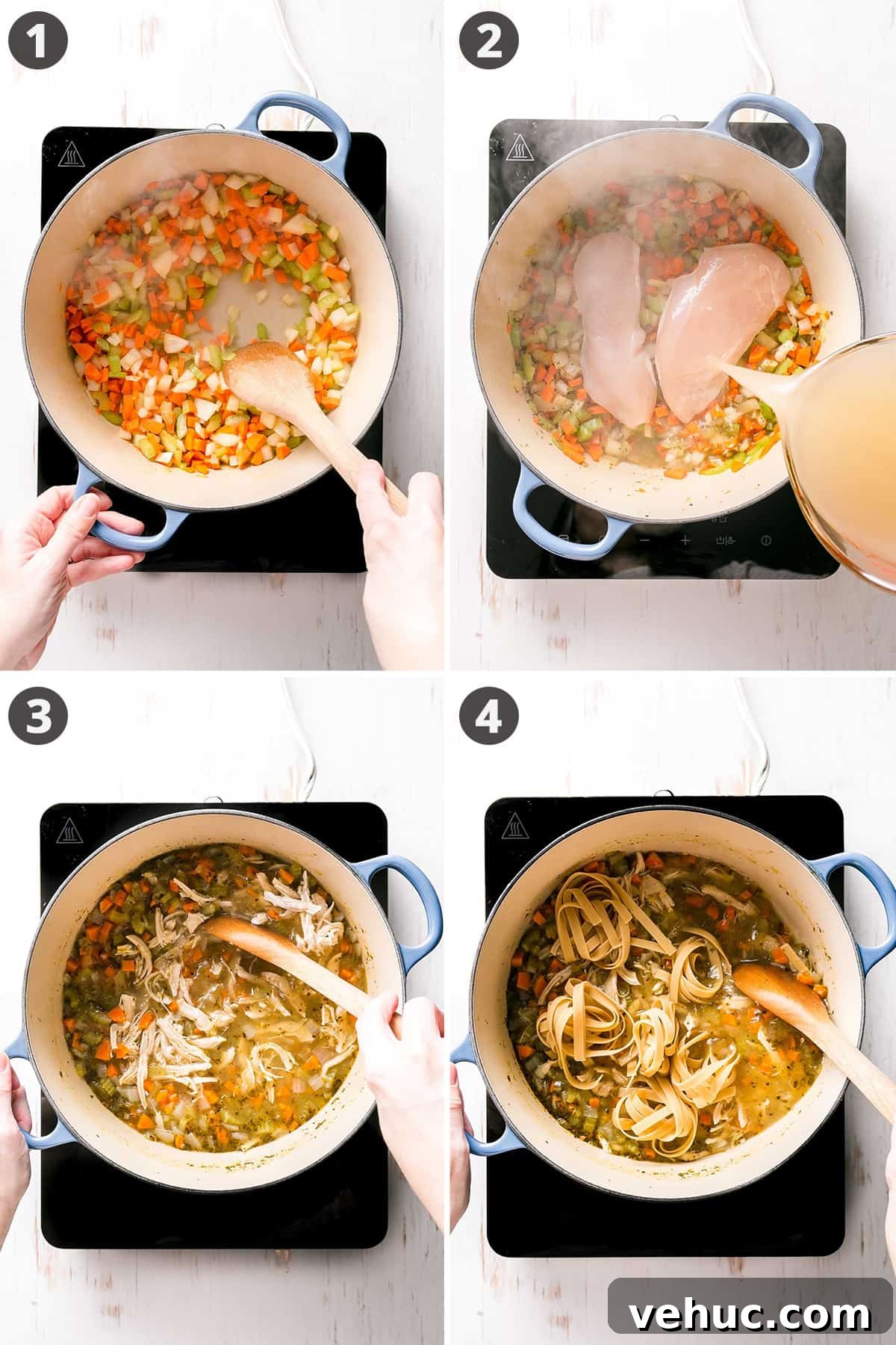Gluten-Free Chicken Noodle Soup Recipe for Comforting Flavor 4 Sautéing vegetables in pan, pouring in broth over chicken, stirring soup, stirring in pasta.