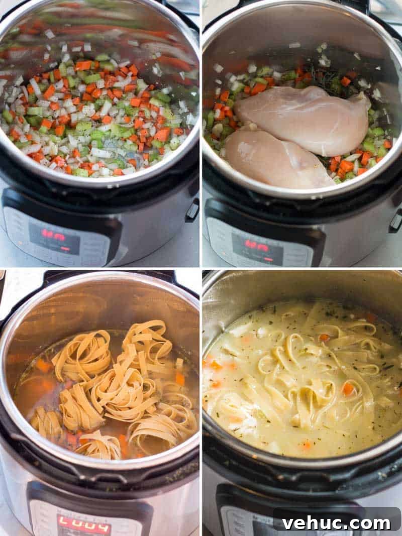 Gluten-Free Chicken Noodle Soup Recipe for Comforting Flavor 5 Sautéing vegetables in the instant pot, raw chicken on top, pasta on top of broth, cooked soup in instant pot.