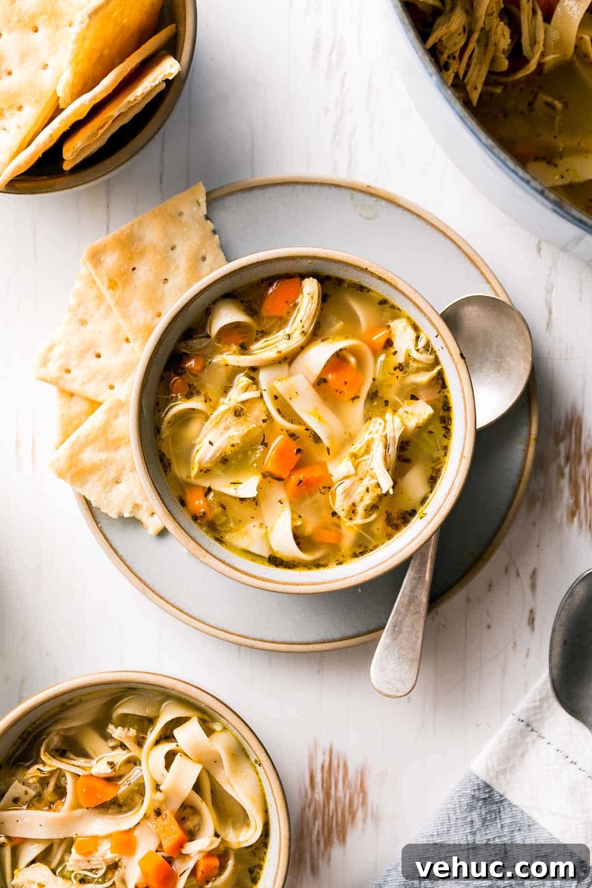 Gluten-Free Chicken Noodle Soup Recipe for Comforting Flavor 6 A bowl of gluten free chicken noodle soup shown from above with crackers and a spoon to the side.