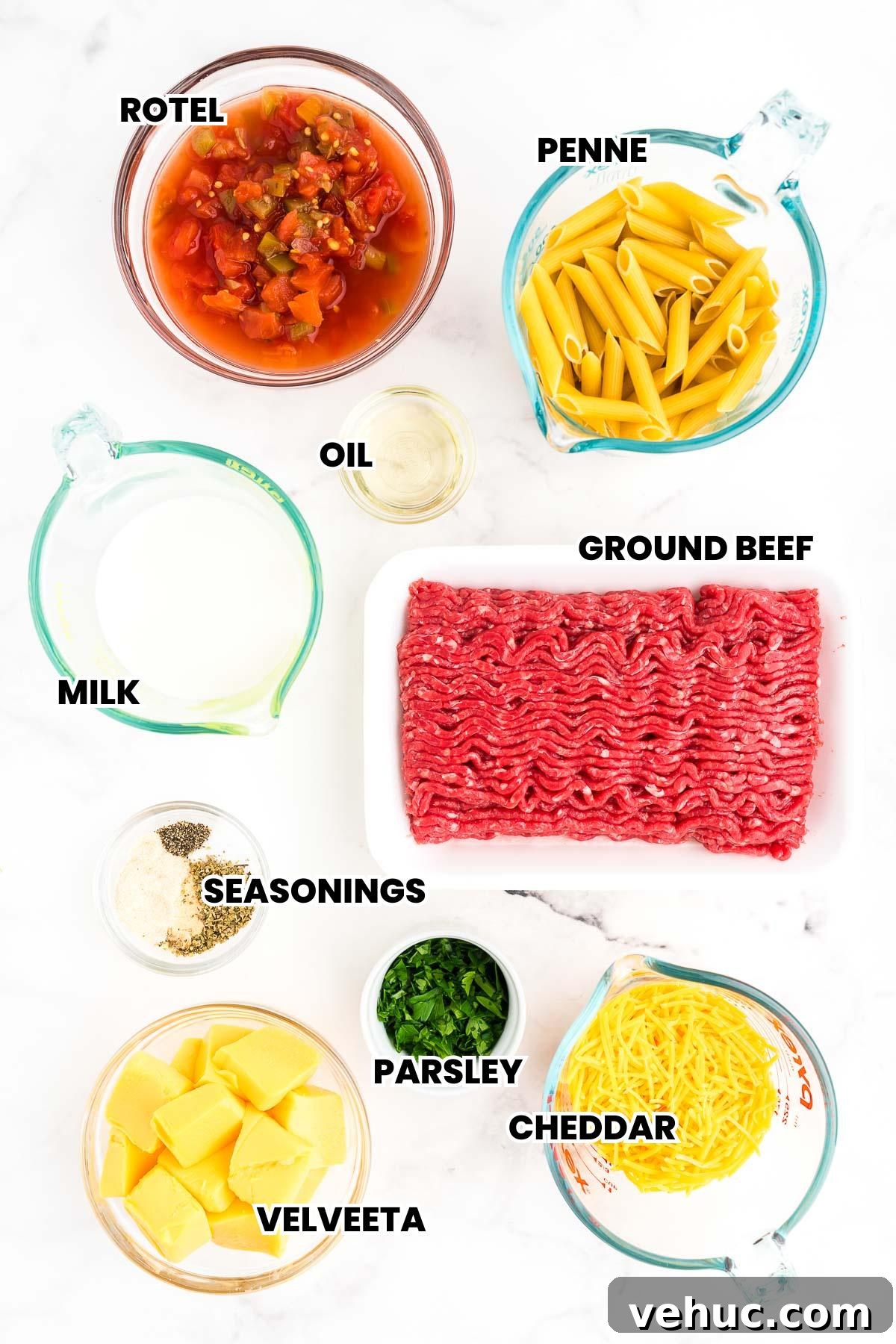 Creamy Rotel Pasta Recipe with Tomatoes and Sausage 3 Ingredients for creamy ground beef pasta arranged on a counter