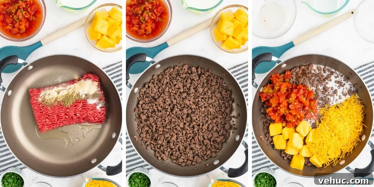 Creamy Rotel Pasta Recipe with Tomatoes and Sausage 4 preparing an easy ground beef skillet dinner