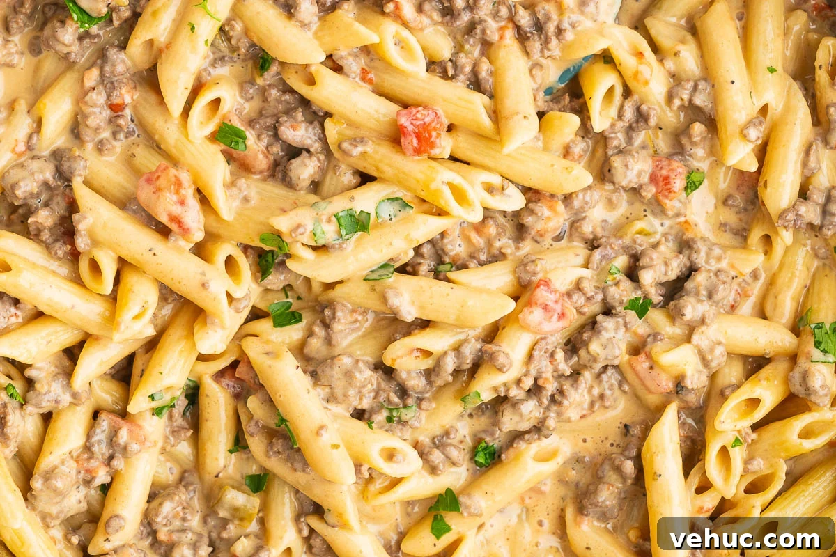 Creamy Rotel Pasta Recipe with Tomatoes and Sausage 7 macro of cheesy penna pasta meal