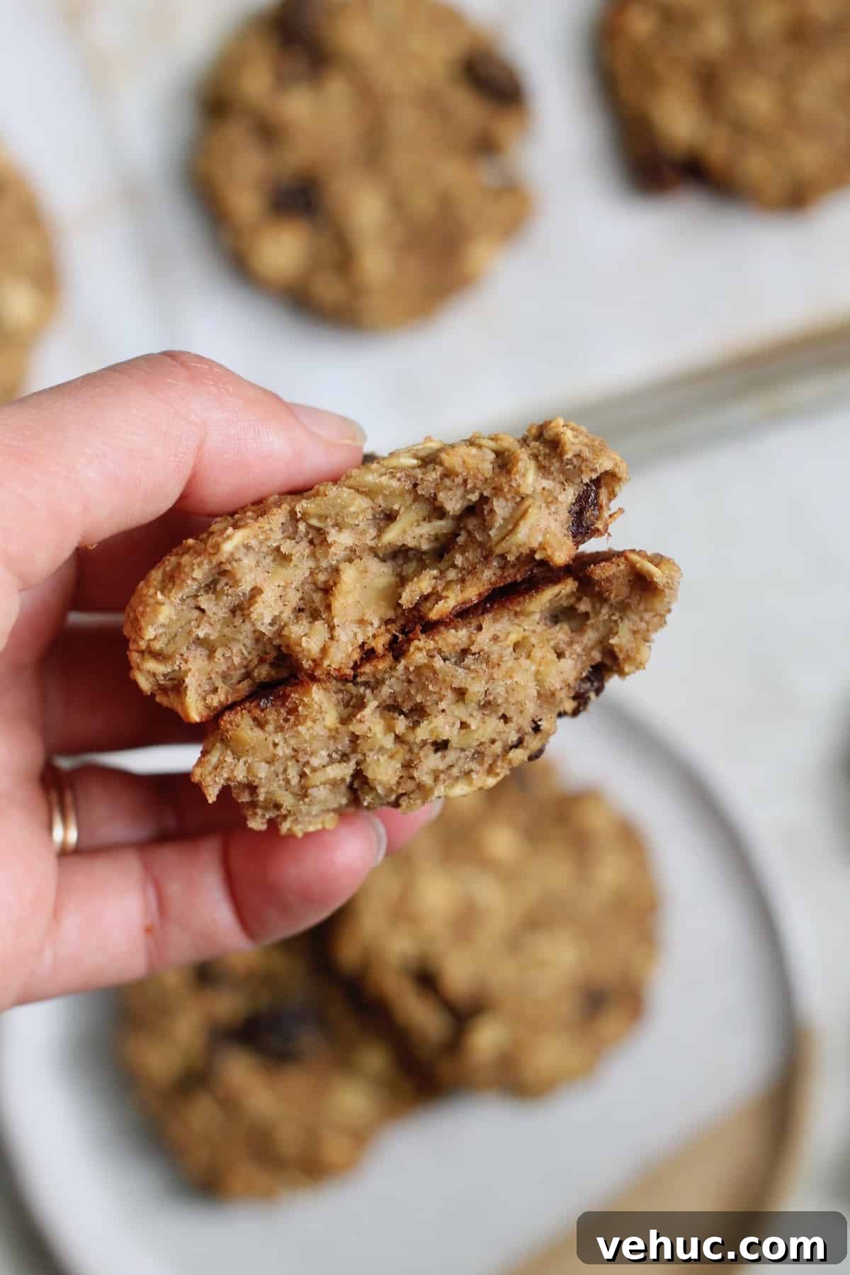 Banana Oatmeal Raisin Cookies (No Added Sugar) 4 hand holding oatmeal cookie split
