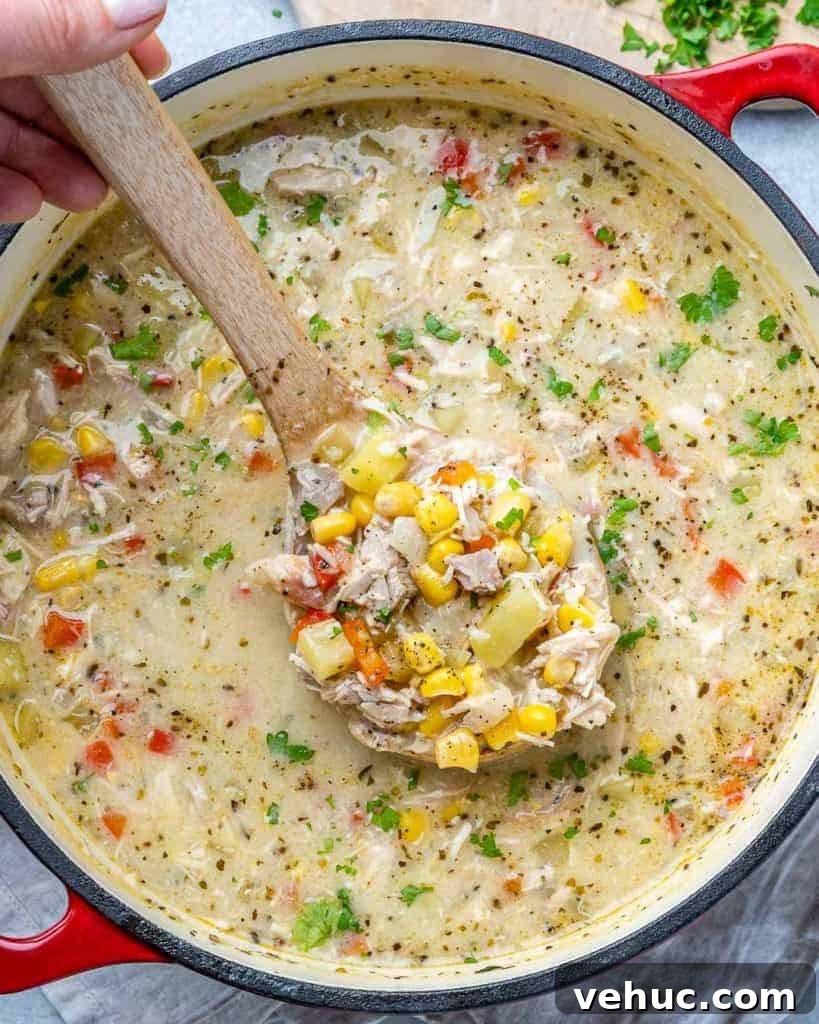 Creamy Chicken and Corn Chowder Recipe for Comforting Meals 2 Top view corn chowder recipe in a red pot with a spoonful of soup.