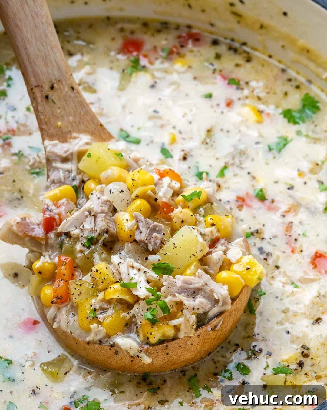 Creamy Chicken and Corn Chowder Recipe for Comforting Meals 8 spoon scooping chicken corn chowder out of the pot.