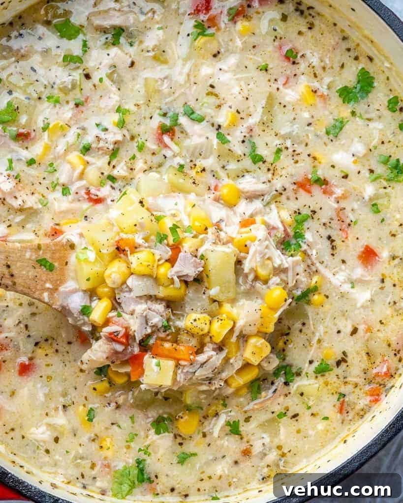 Creamy Chicken and Corn Chowder Recipe for Comforting Meals 9 Close-up view of corn chowder soup in a pot with a spoonful.