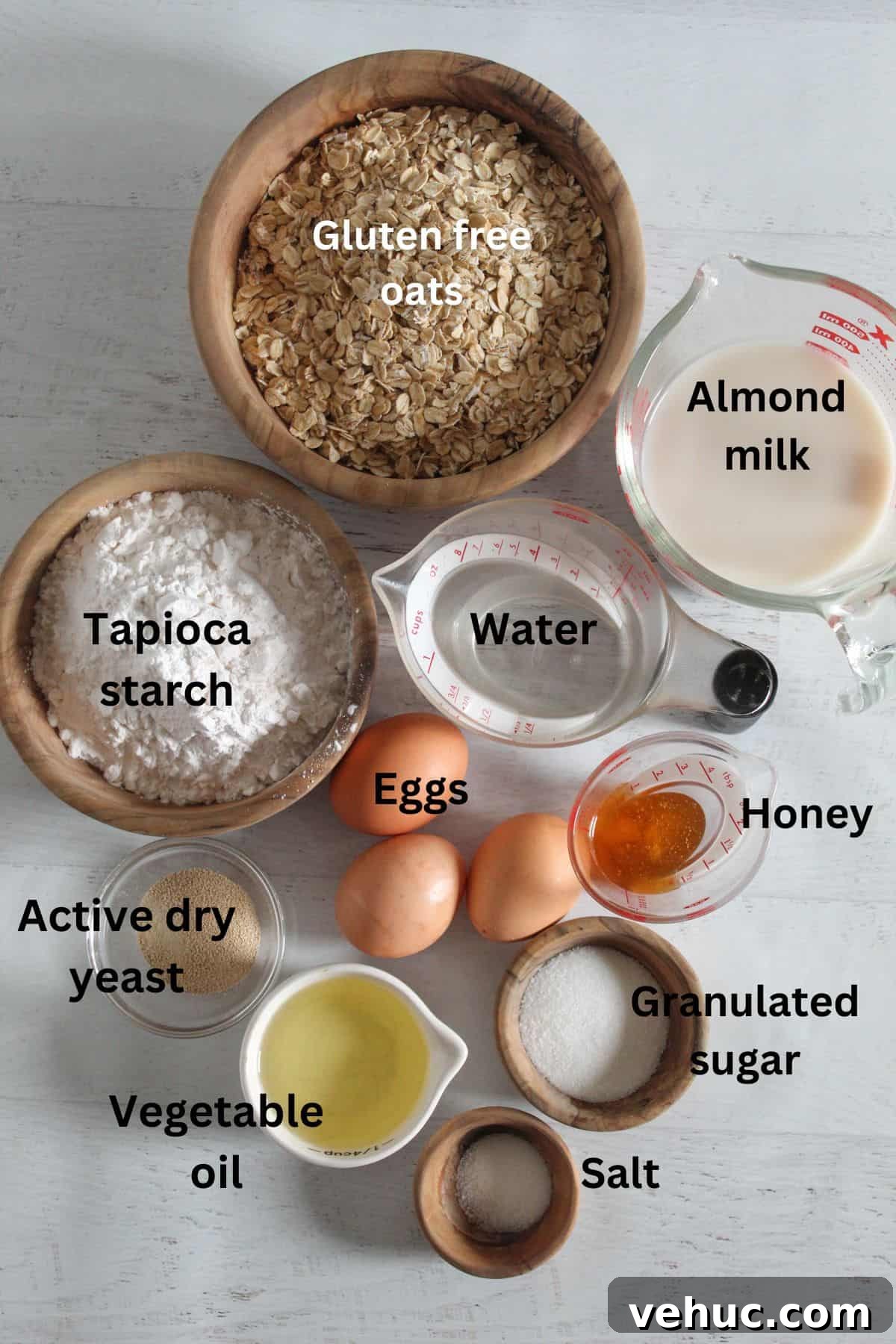 Gluten-Free Oat Bread Recipe with Vegan Option 3 labeled ingredients on a counter