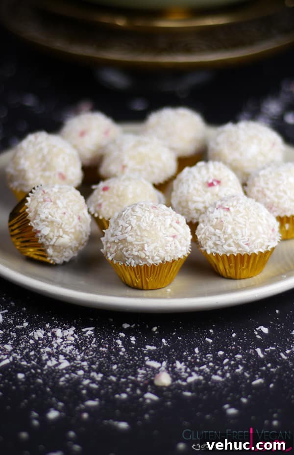 Peppermint Candy Cane Snowball Cookies Recipe 2 Gluten-Free Vegan Candy Cane Snowballs Recipe {Think Raffaellos, but healthier ;-) }