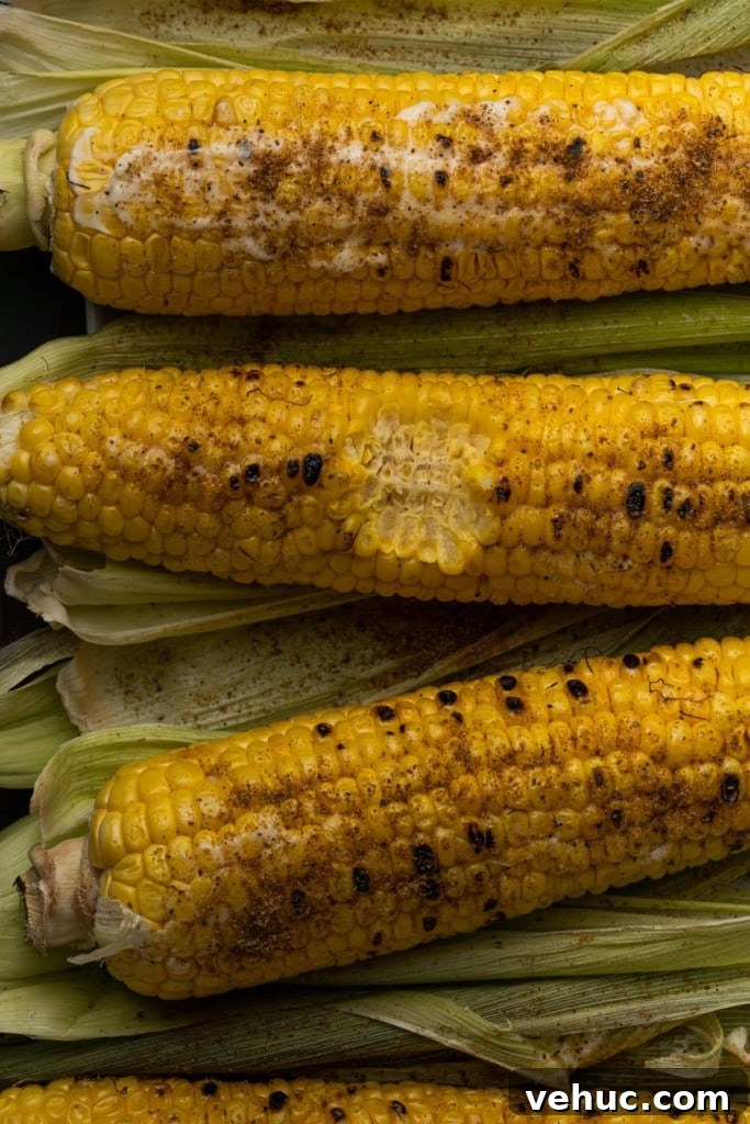 Grilled Corn on the Cob with Zesty Old Bay Seasoning 2 3 ears of grilled old bay corn with one bite taken out of the middle one.