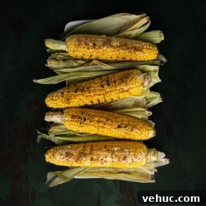 Grilled Corn on the Cob with Zesty Old Bay Seasoning 6 Overhead shot of four ears of corn with grill marks and sprinkled with old bay seasoning.