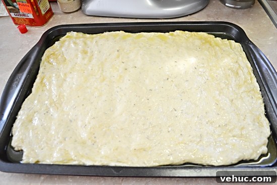 Using your fingers and palms spread the dough on the pan.