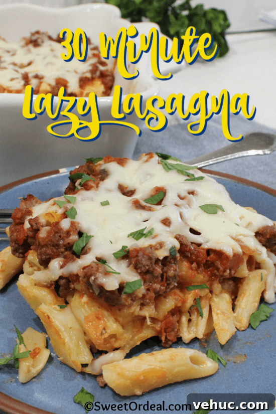 30 Minute Lazy Lasagna is a fun play on traditional lasagna with all the flavor, but much faster. Cheesy pasta covered by a meat sauce and mozarella.