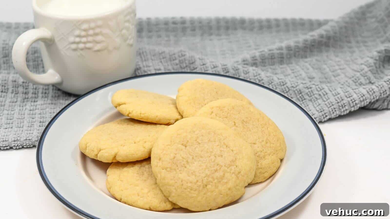 A plate of sugar cookies with a mug and a gray cloth in the background.