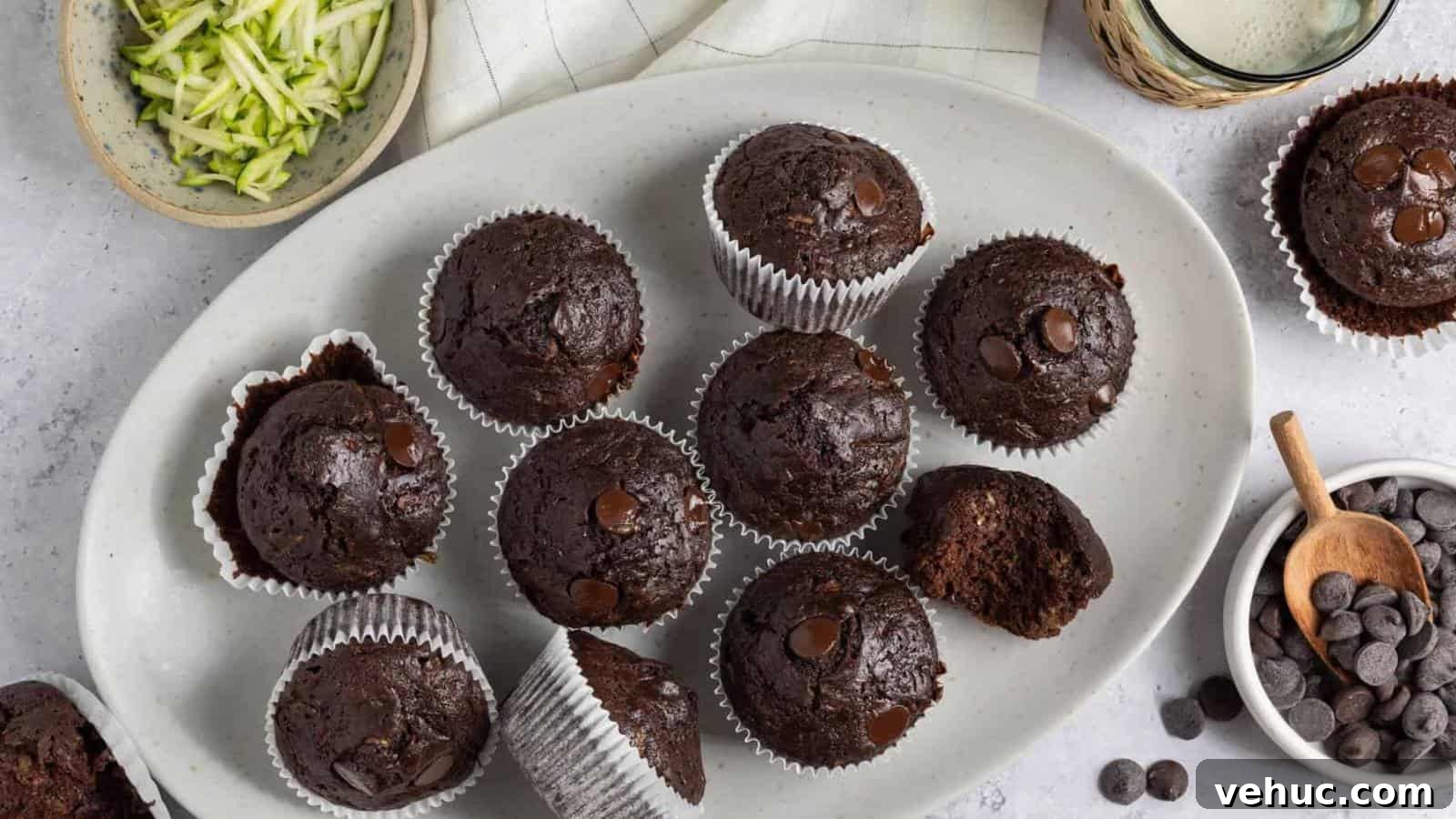 Chocolate muffins with chocolate chips are arranged on an oval plate, with zucchini strips, chocolate chips, and a glass of milk nearby on a light surface.
