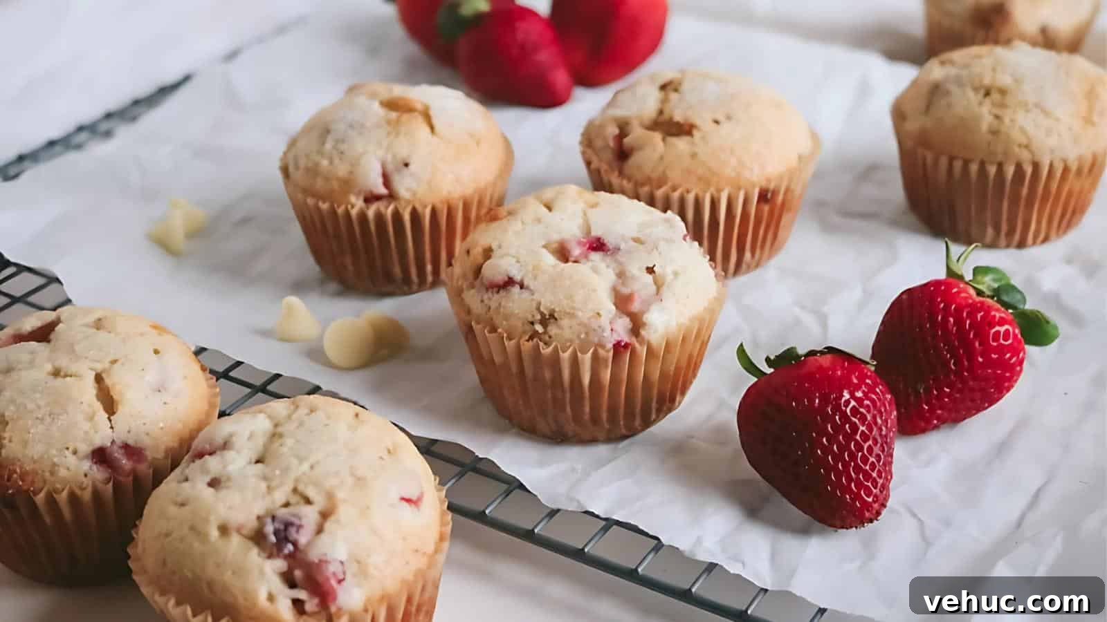 Strawberry muffins on a cooling rack with fresh strawberries and white chocolate chips on a parchment-lined surface.