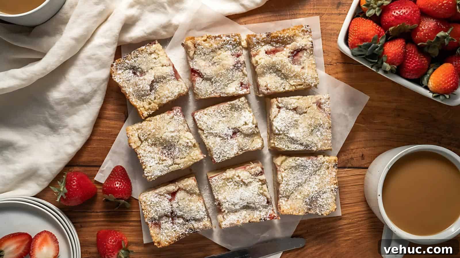Nine strawberry crumb bars dusted with powdered sugar are arranged on parchment paper with fresh strawberries and cups of coffee nearby on a wooden surface.