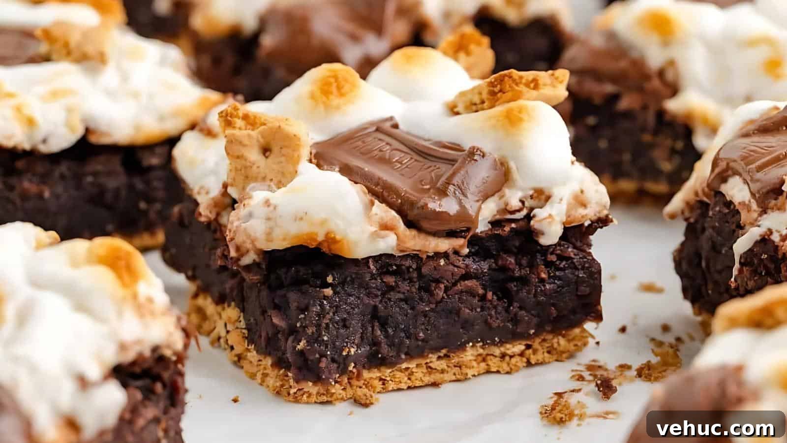 A close-up of a s'mores brownie bar, featuring a graham cracker crust, chocolate brownie layer, toasted marshmallows, and pieces of chocolate on top.