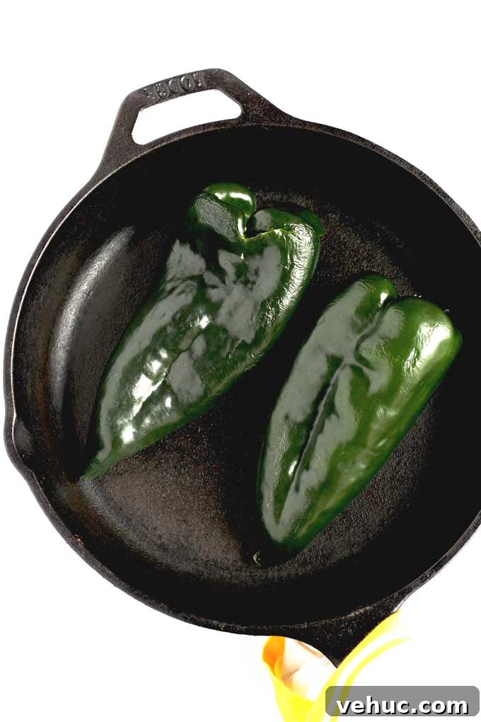 Roasted Poblano and Corn Chowder with Smoky Creaminess 12 Green Poblano Peppers in A Skillet