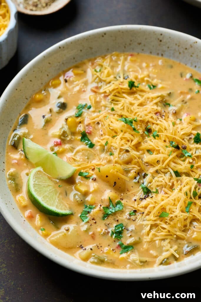 Roasted Poblano and Corn Chowder with Smoky Creaminess 2 A bowl of creamy corn chowder garnished with shredded cheese and lime wedges