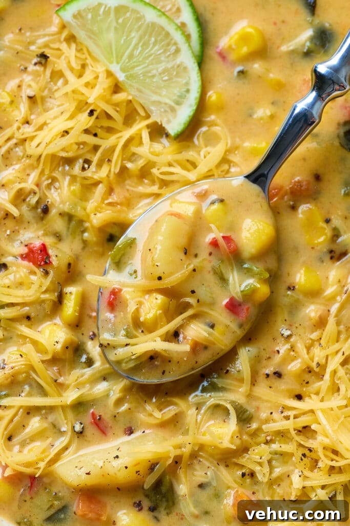 Roasted Poblano and Corn Chowder with Smoky Creaminess 17 A soup spoon scooping poblano corn chowder and showing the creamy texture of the broth.
