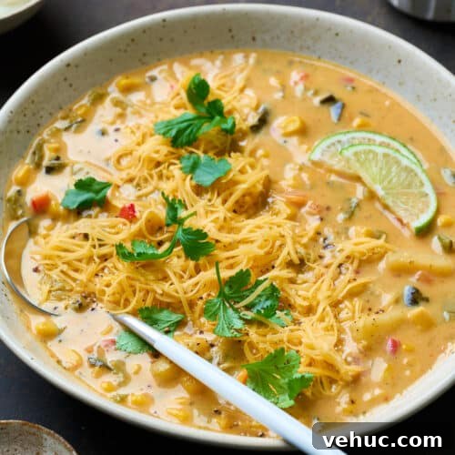 Roasted Poblano and Corn Chowder with Smoky Creaminess 23 roasted poblano corn chowder garnished with cilantro served in a bowl