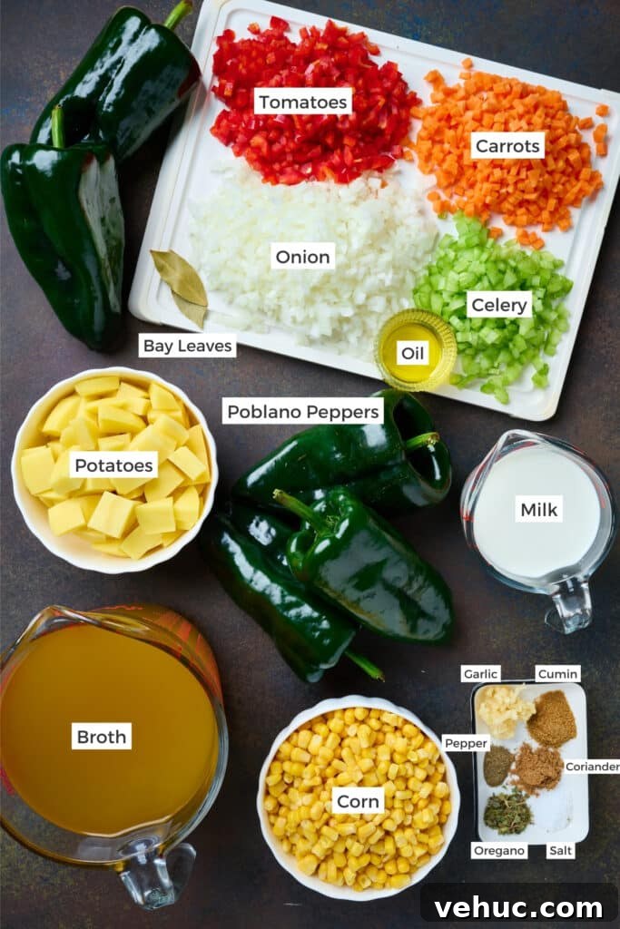 Roasted Poblano and Corn Chowder with Smoky Creaminess 3 Ingredients needed to make roasted poblano corn chowder on a dark surface