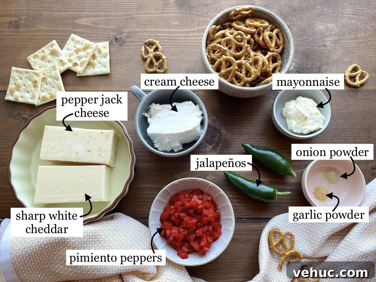 Spicy Jalapeño Pimento Cheese Dip Recipe for Parties 3 The ingredients in jalapeño pimento cheese, laid out and labeled.