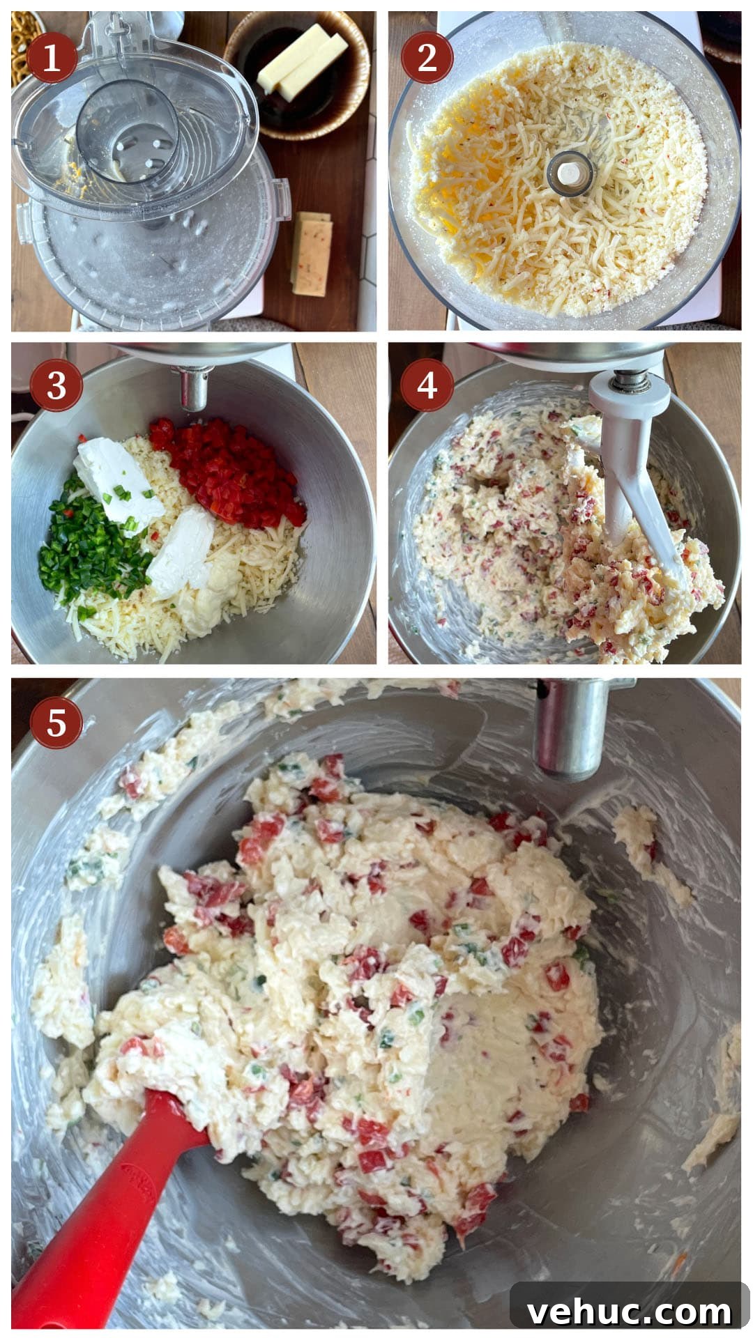 Spicy Jalapeño Pimento Cheese Dip Recipe for Parties 4 A collage of images showing how to make jalapeño pimento cheese, steps 1-5.