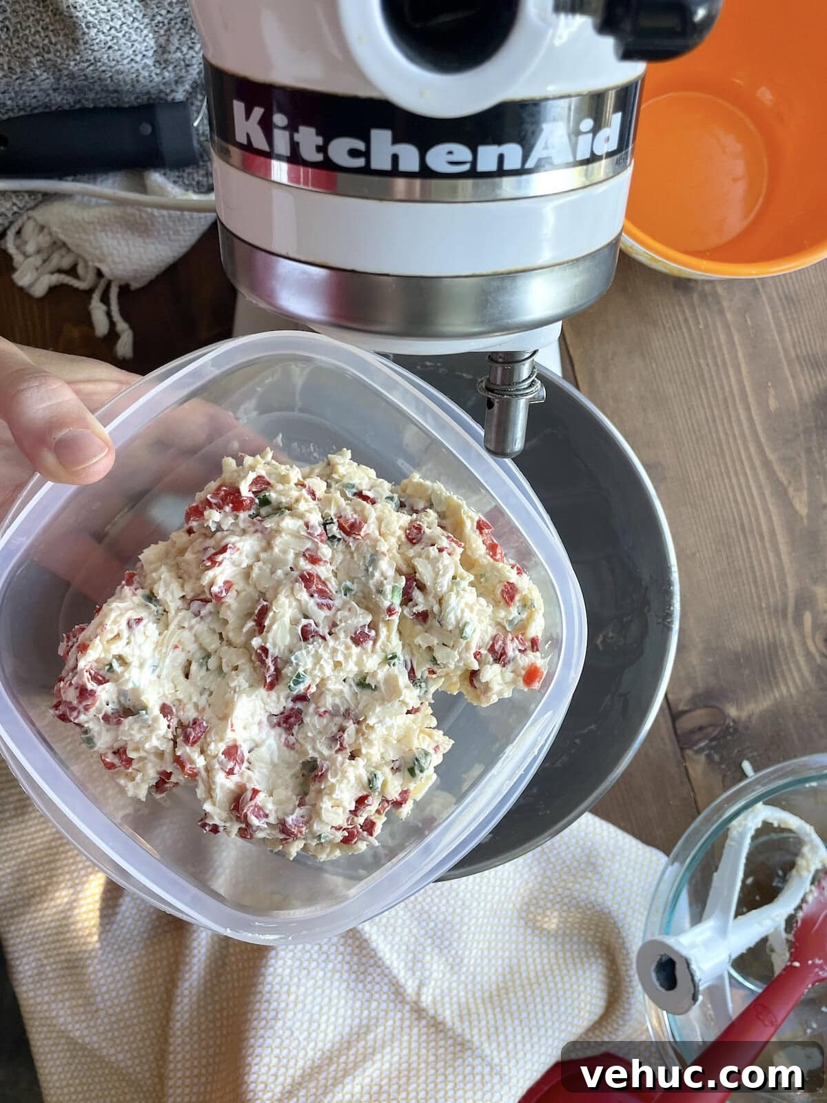 Spicy Jalapeño Pimento Cheese Dip Recipe for Parties 5 A Tupperware of copycat queen charlotte pimento cheese.