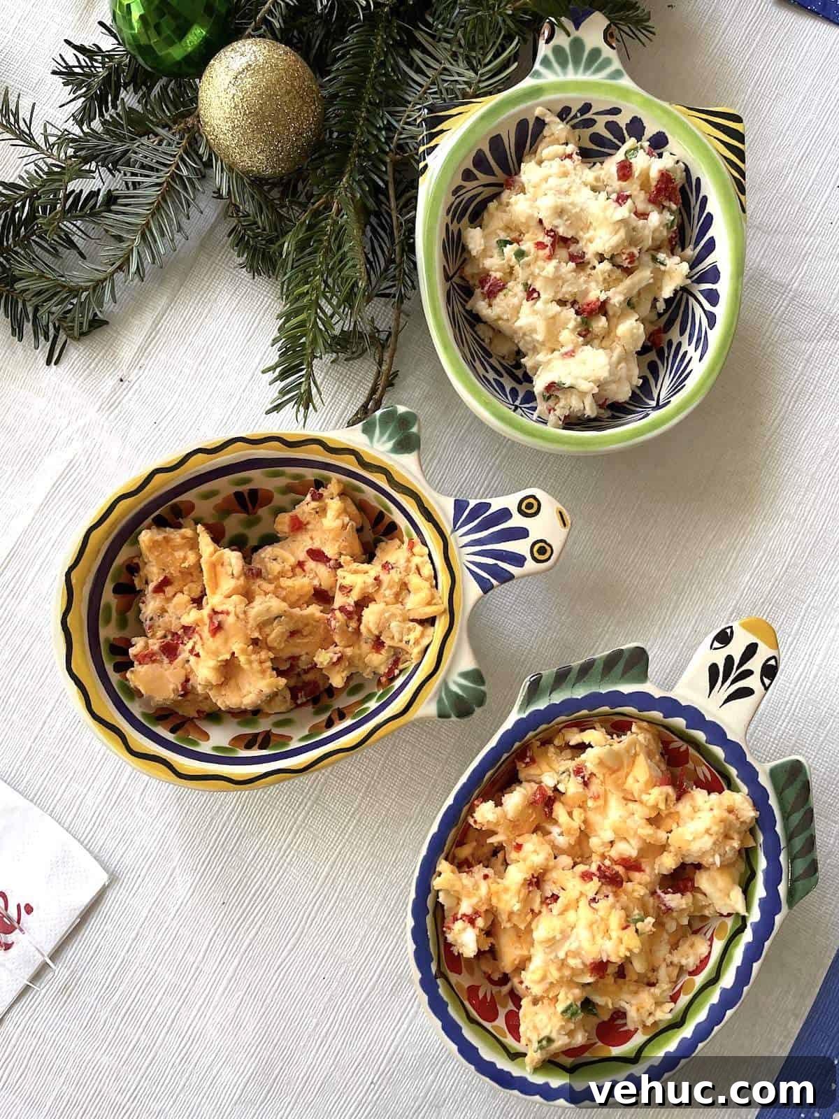Spicy Jalapeño Pimento Cheese Dip Recipe for Parties 7 Three turtle shaped bowls with homemade pimento cheese in them.