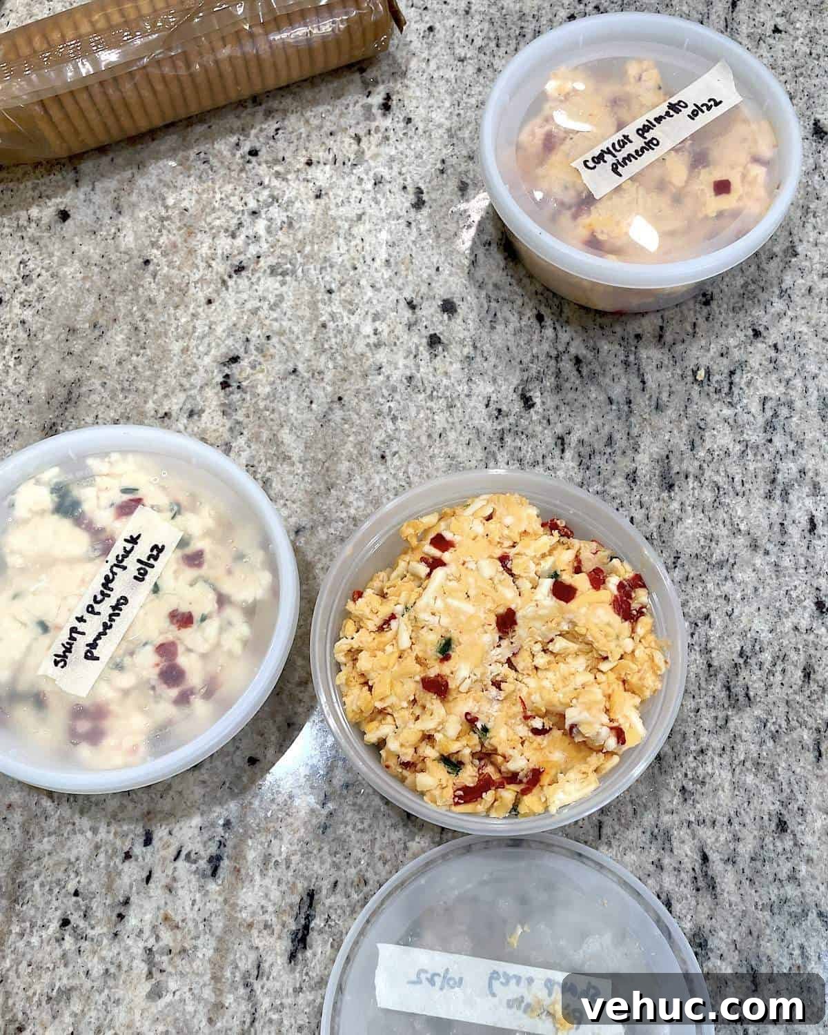 Spicy Jalapeño Pimento Cheese Dip Recipe for Parties 8 Three one cup containers of homemade pimento cheese.