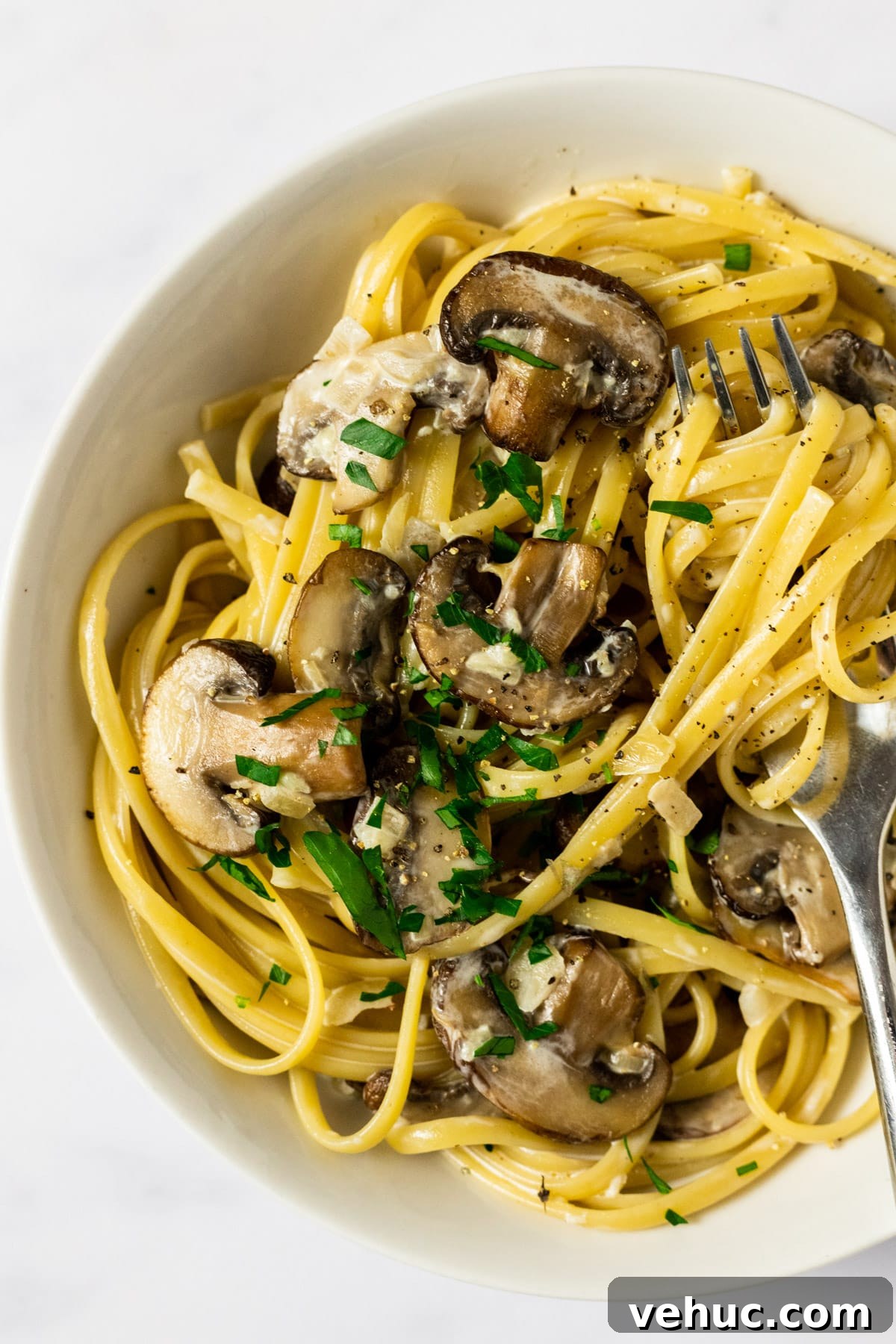 Creamy Garlic Mushroom Pasta Recipe — Quick Weeknight Comfort 2 A close up view of a bowl of creamy mushroom pasta.