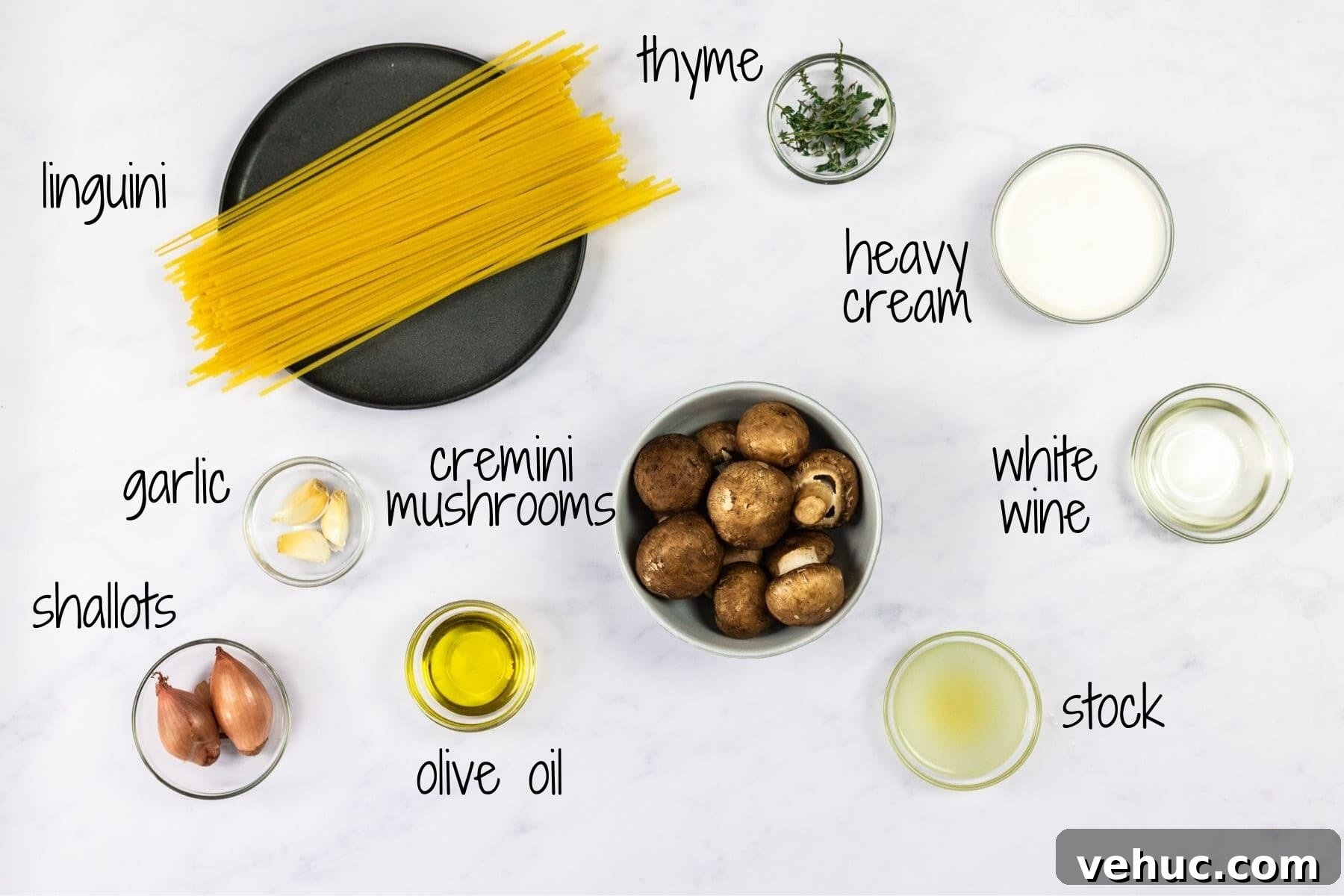 Creamy Garlic Mushroom Pasta Recipe — Quick Weeknight Comfort 3 Ingredients for creamy mushroom pasta with text labels.