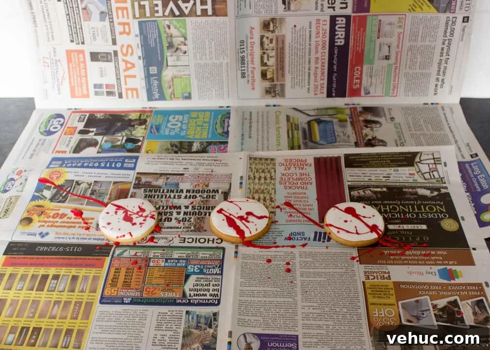 Blood-Spattered Halloween Cookie Ideas for a Spooky Party 25 3 cookies on newspaper that have been spattered with blood coloured royal icing.