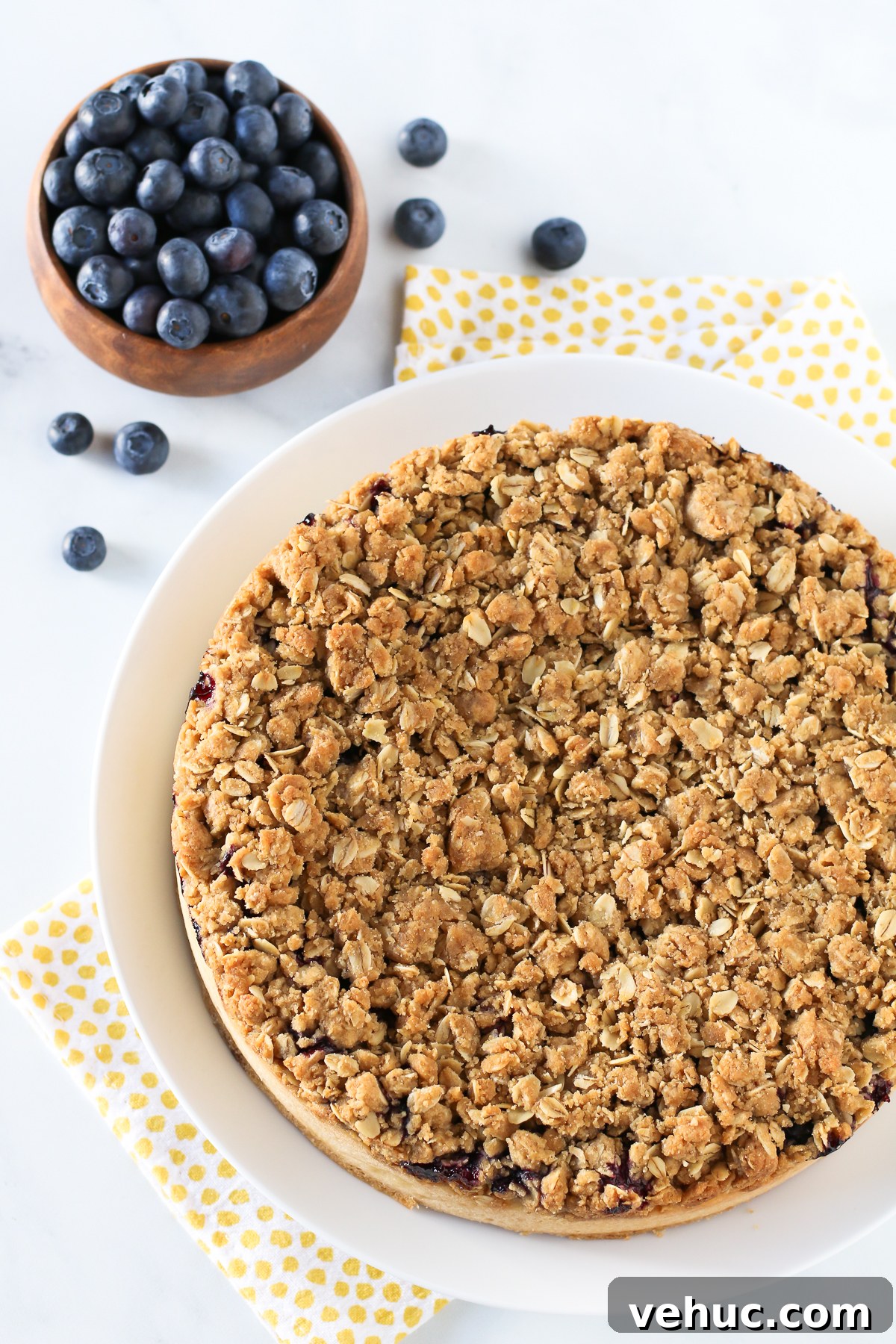 Gluten Free Vegan Blueberry Coffee Cake. Light vanilla cake with a layer of fresh, juicy blueberries and an oat crumb topping.