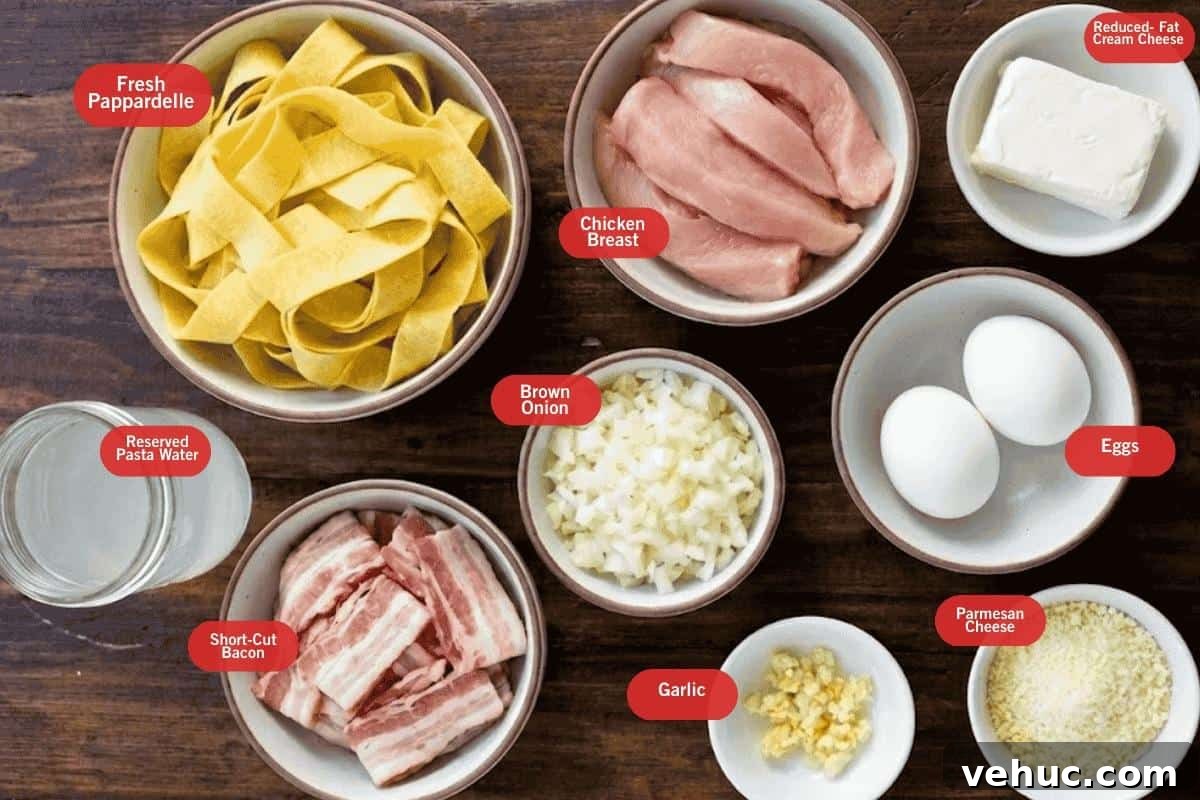 Lighter Chicken Carbonara Recipe for Weeknight Meals 3 Flat lay photo of ingredient shot got light chicken carbonara
(fresh pappardelle, chicken breast, reduced fat cream cheese, reserved pasta water, short cut bacon, brown onion, eggs, garlic, parmesan cheese)