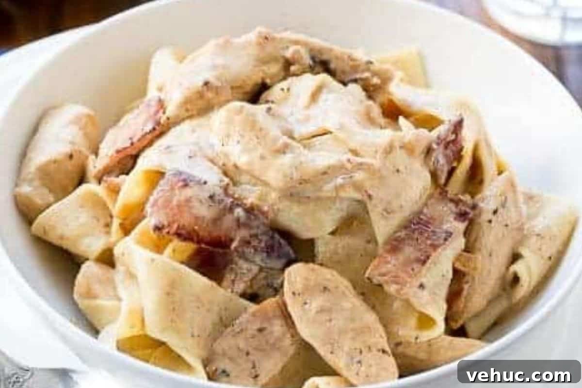 Lighter Chicken Carbonara Recipe for Weeknight Meals 7 Reduce heat to low, pour the cream cheese into the pan while stirring and continuously, add the reserved water a quarter cup at a time until sauce thickens, then toss everything through the pasta
