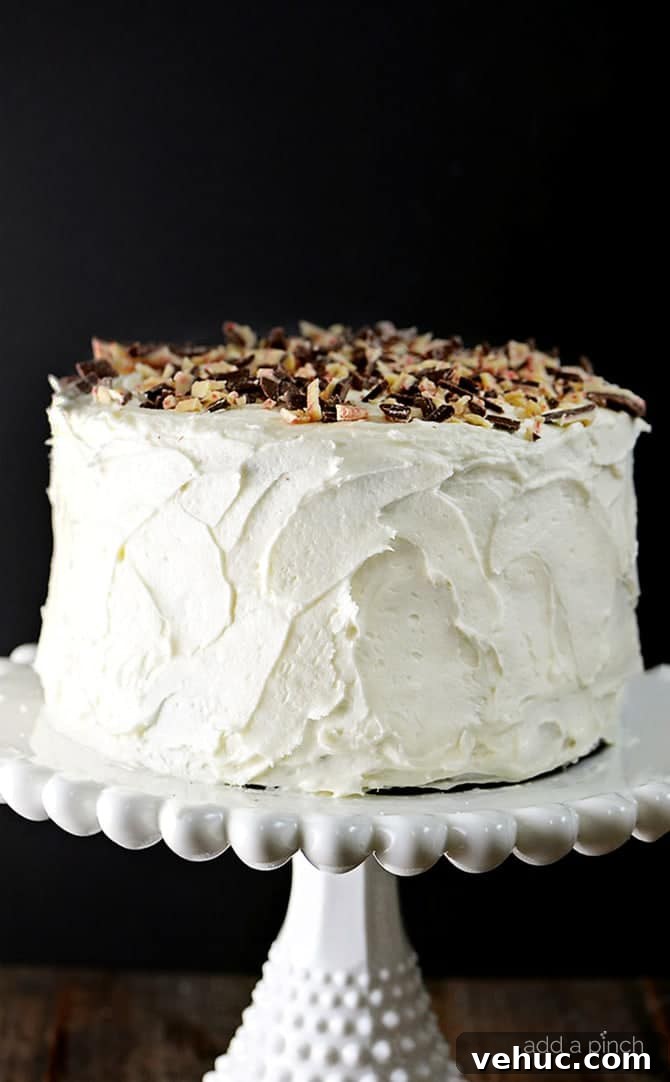 Decadent Peppermint Chocolate Cake Recipe for the Holidays 3 Peppermint Buttercream frosting on Chocolate Cake, topped with Peppermint Bark crumbles, on a white cake plate