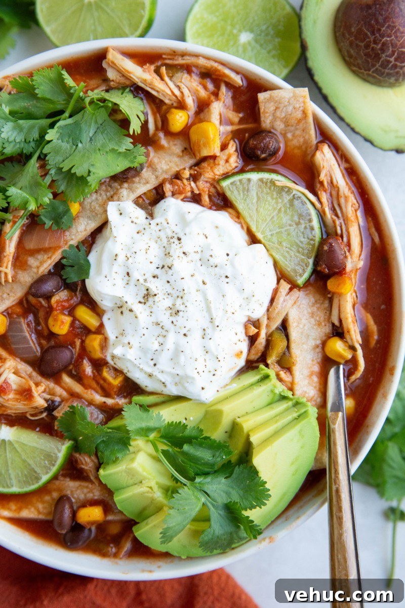Slow Cooker Chicken Tortilla Soup Recipe with Lime & Avocado 2 Big white bowl of chicken tortilla soup with avocado, sour cream, homemade tortilla strips and cilantro on top
