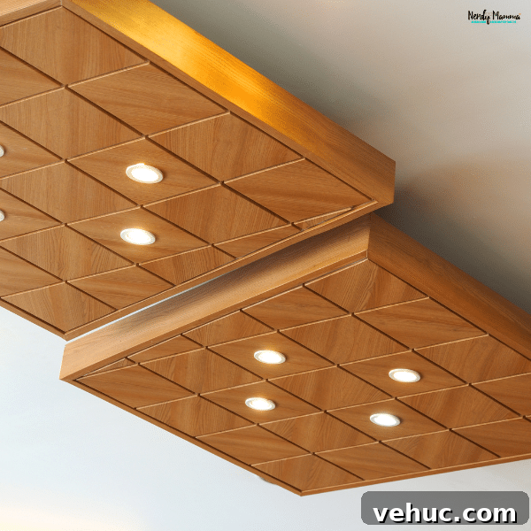 Modern wooden ceiling panels with built-in lighting adding style and warmth to an interior living space.